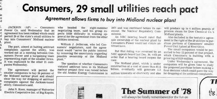 Midland Nuclear Power Plant (Cancelled) - July 1978 Agreement Is Reached On Co-Ownership